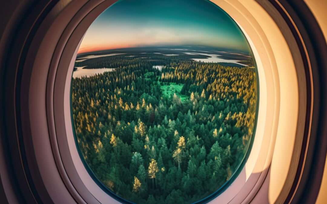 Illustration of view looking out aircraft window onto green forest and lake below